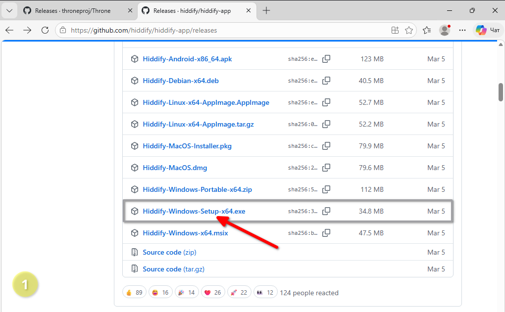 Страница загрузок Hiddify на GitHub